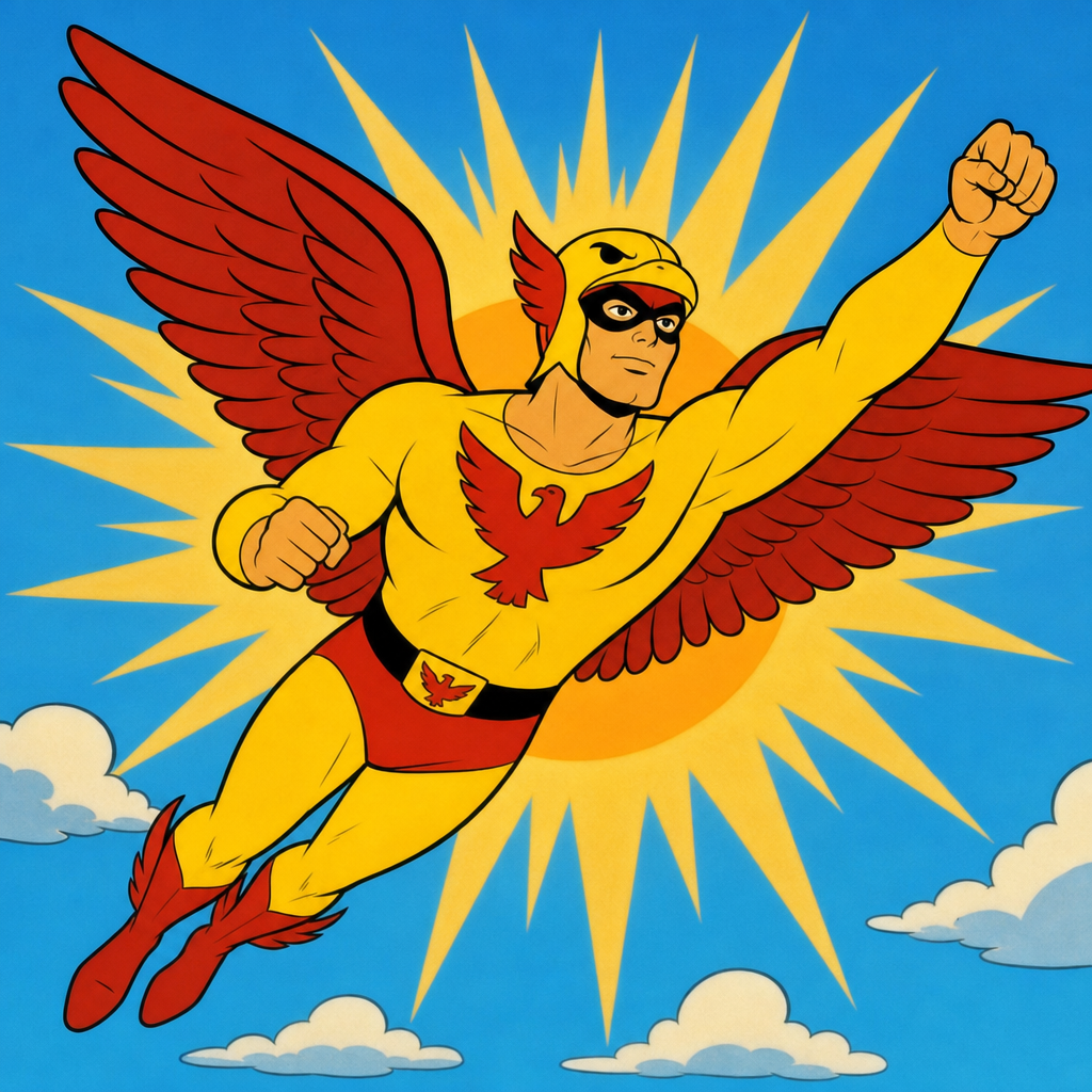 Birdman flying with wings spread, yellow and red costume, sunburst behind