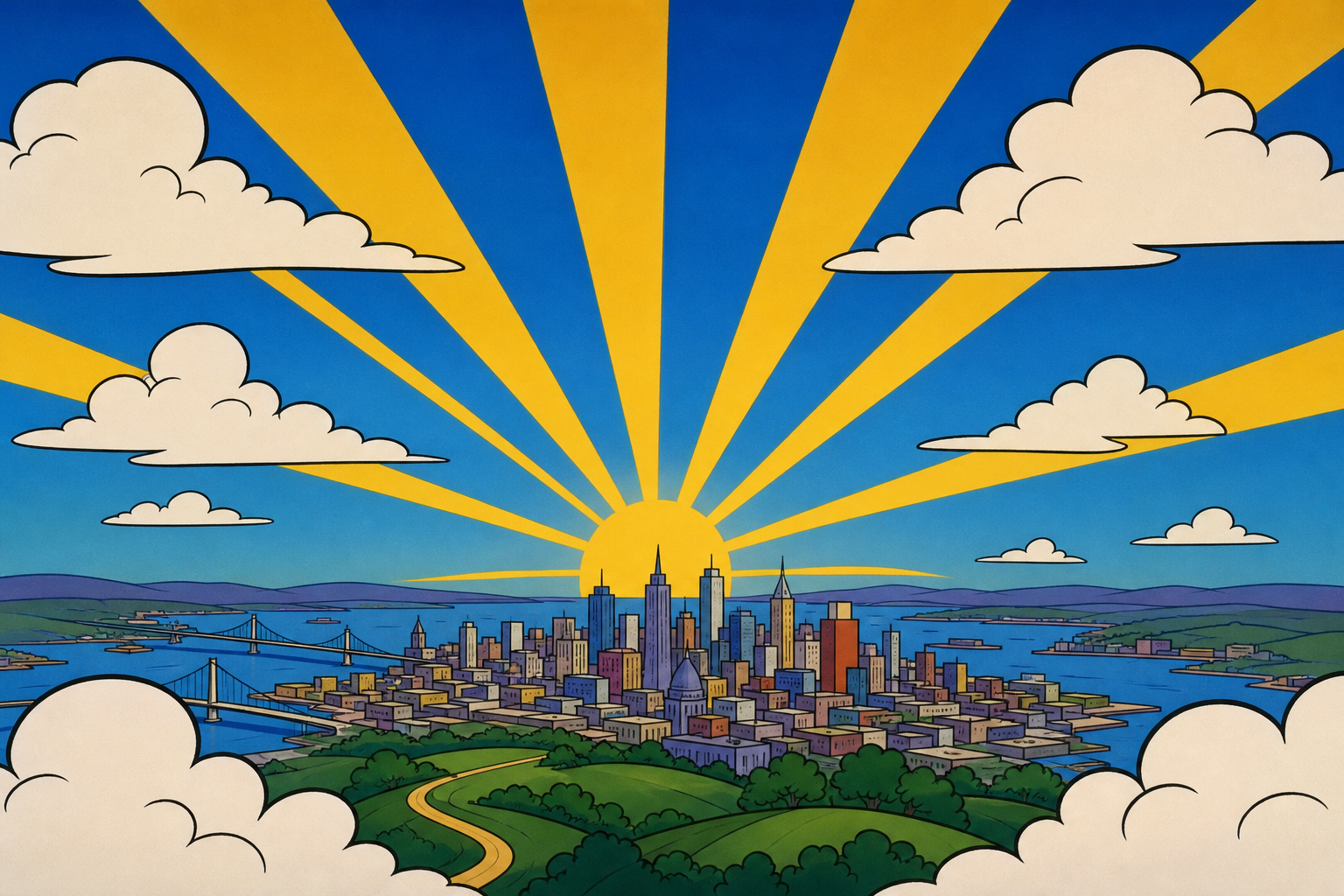Dramatic blue sky with sunburst rays, clouds, and city skyline far below